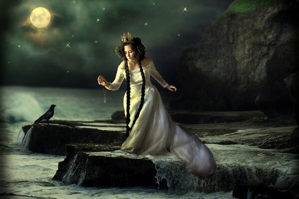 Fille au bord de l eau à la lune
