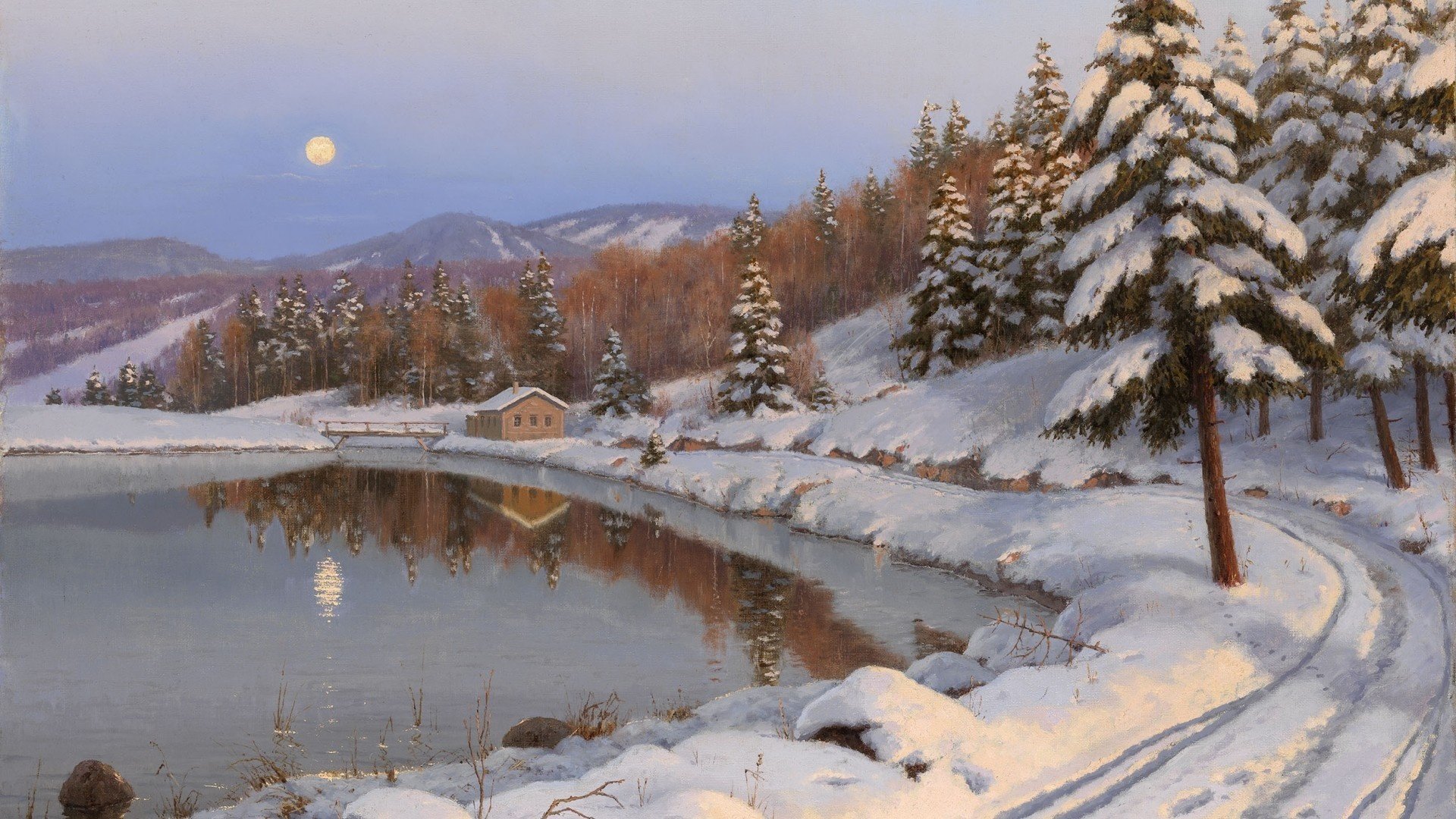 peinture maison lac hiver