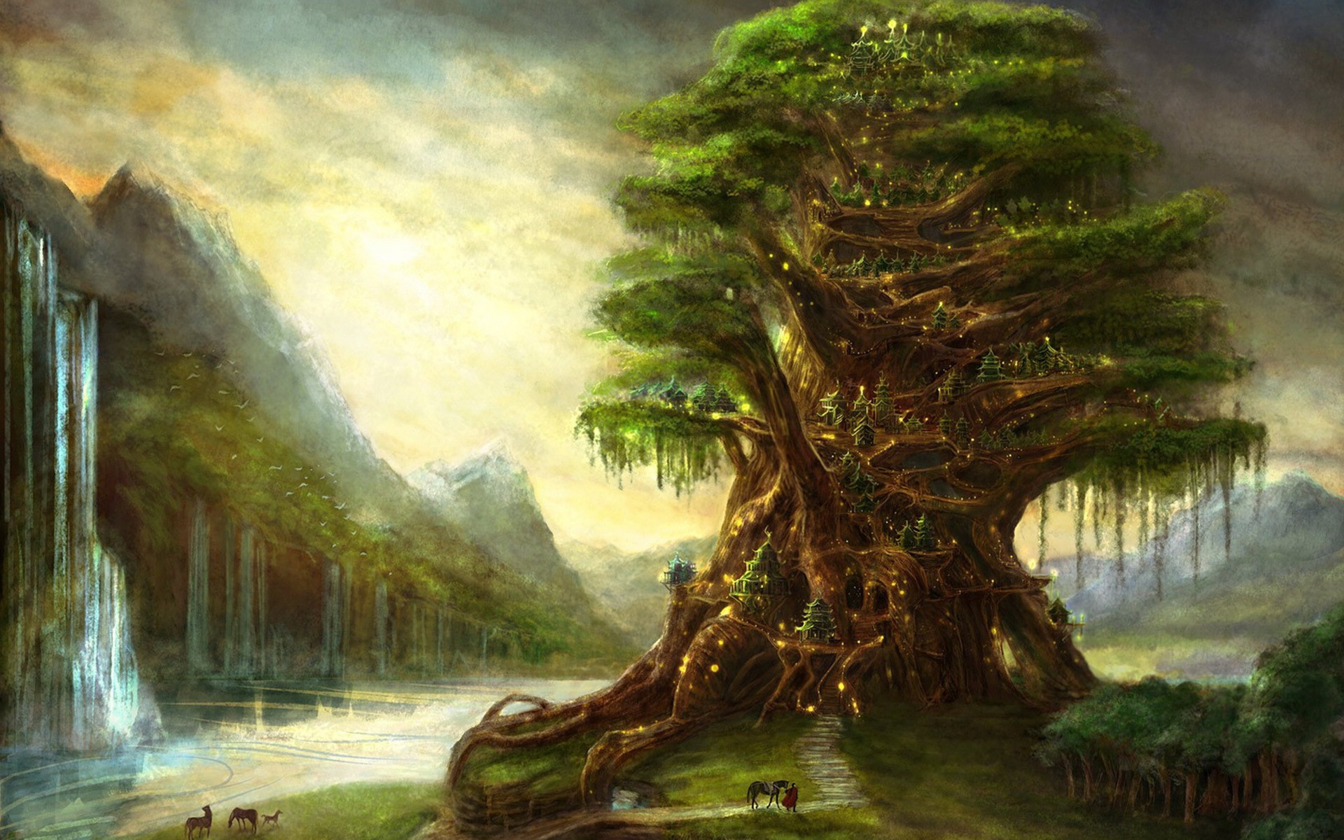 elfes magie dessin cascade bois