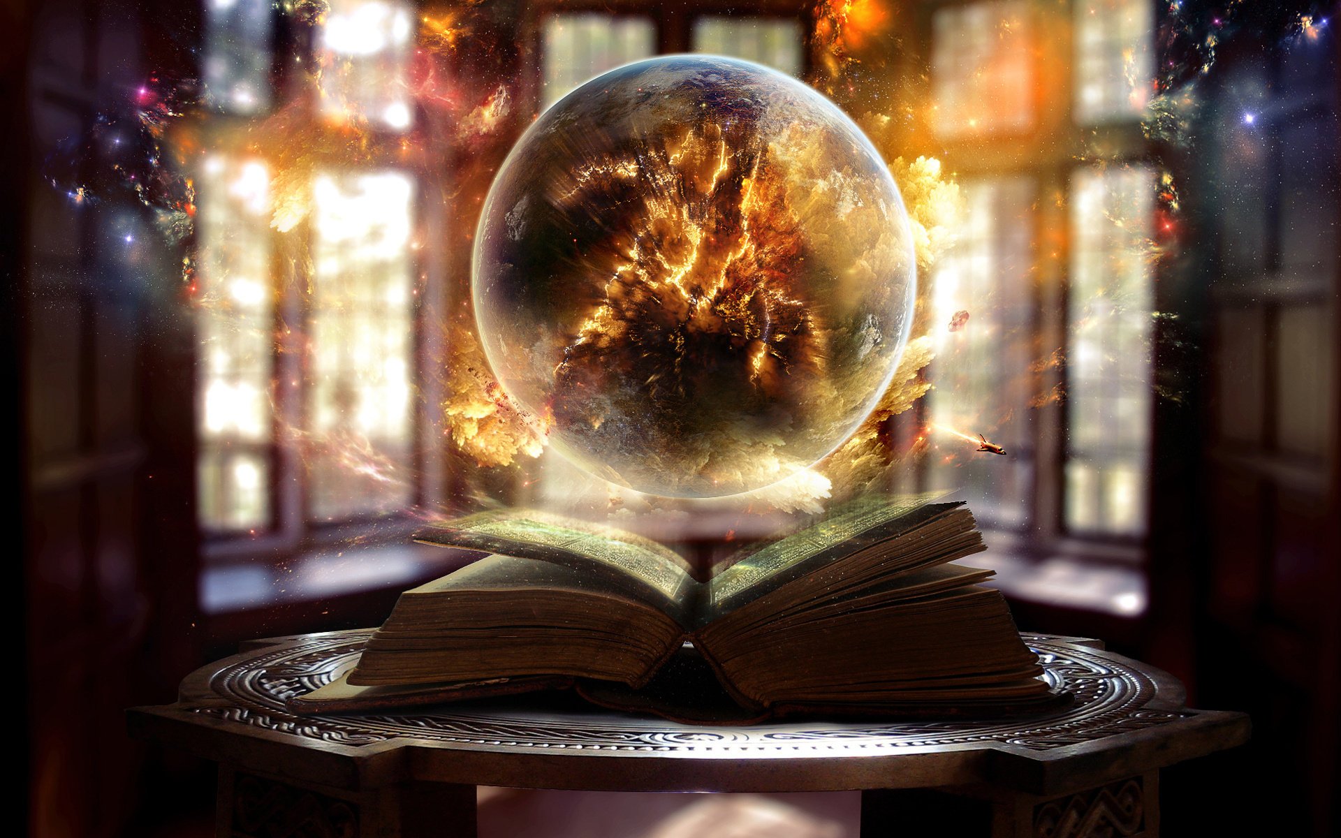livre fenêtre sphère lumière étincelles feu magie boule