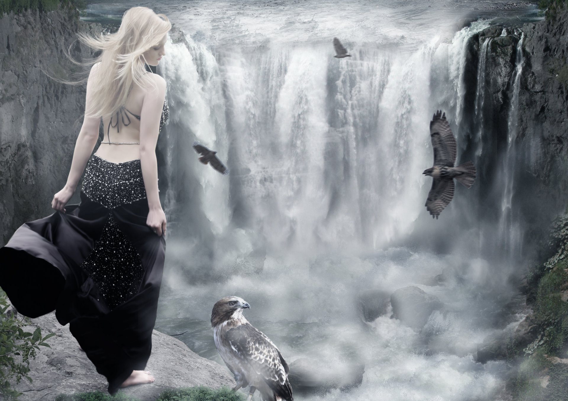 fille dos robe blonde profil oiseaux eau cascade