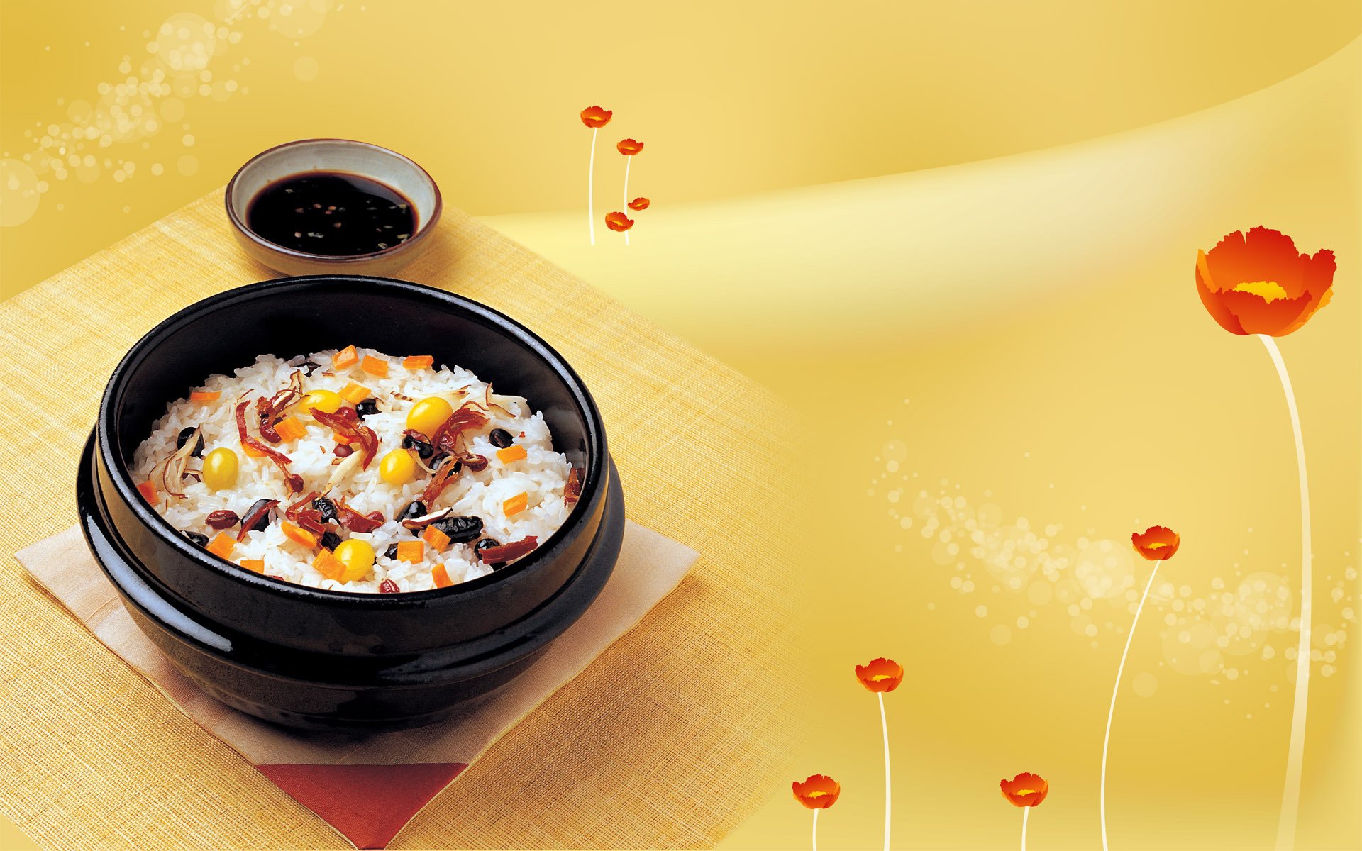 nourriture oeufs tasse deuxième carotte oignon olives sauce soja chine japon style fleurs fond jaune