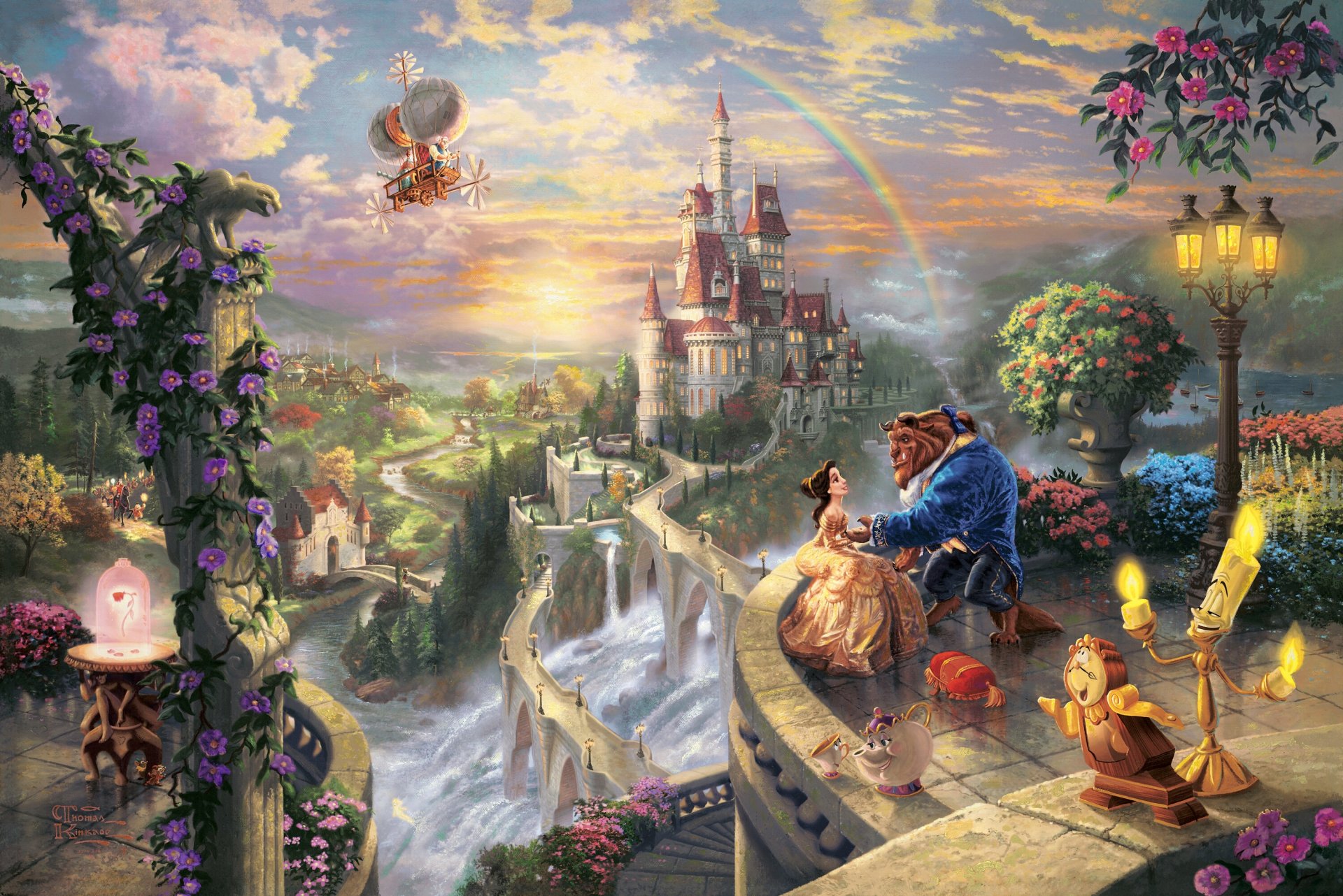 thomas kincaid la belle et la bête tomber en amour avec disney rêve collection 50e anniversaire belle prince art château coucher de soleil arc-en-ciel conte de fées fantaisie histoire d amour a grandi la belle et la bête belle prince disney art amour couple balcon lumière