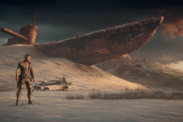 MAD Max dans la dune sur fond de navire