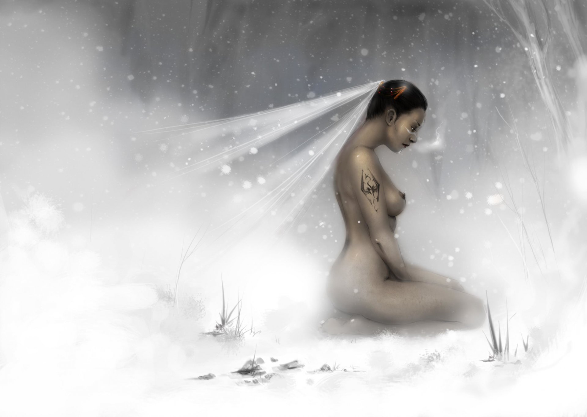 art skyrim cyprès redgard fille tatouage neige voile nu
