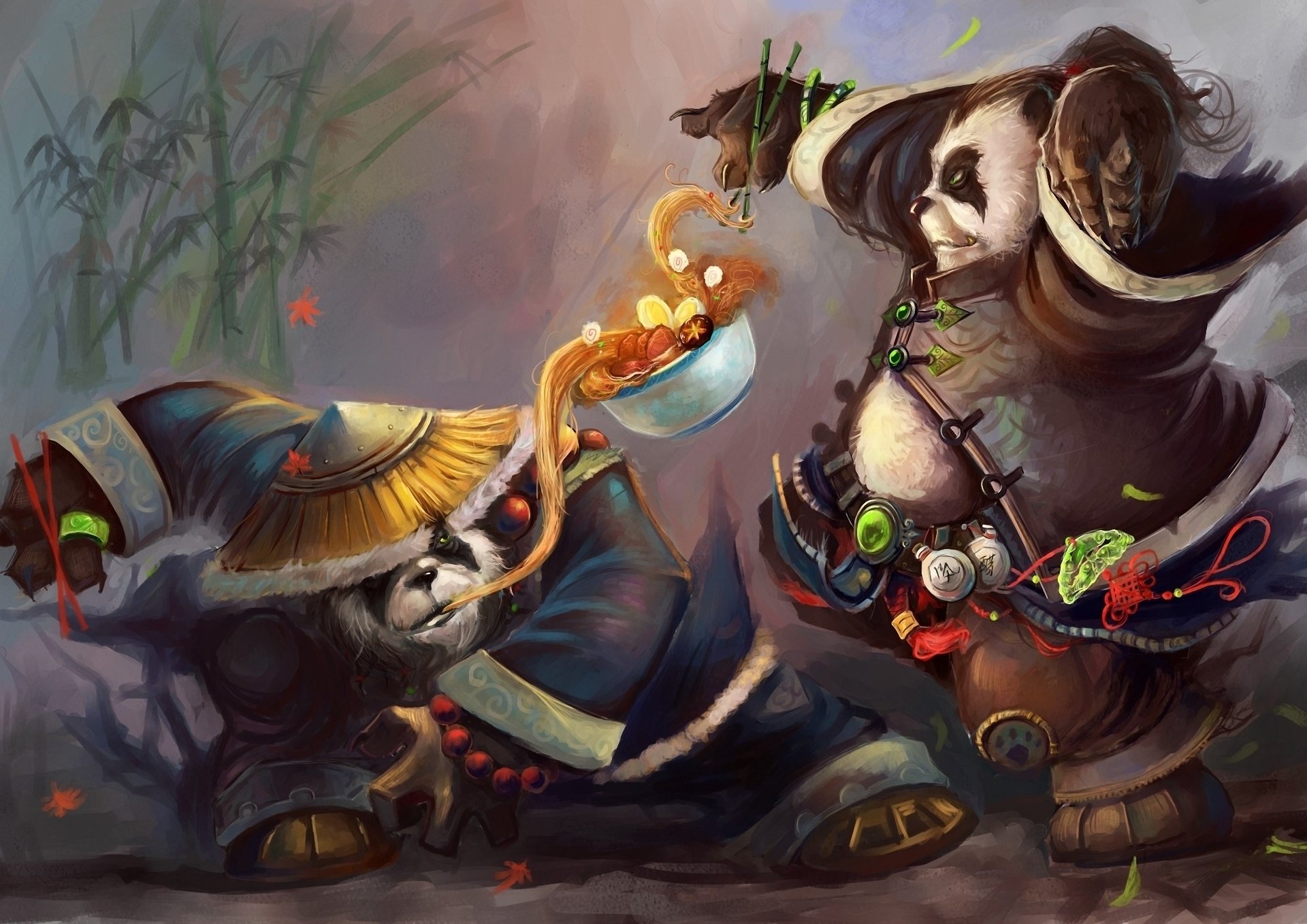 world of warcraft brumes de pandaria pandas deux partage nouilles nourriture piala chapeau bambou