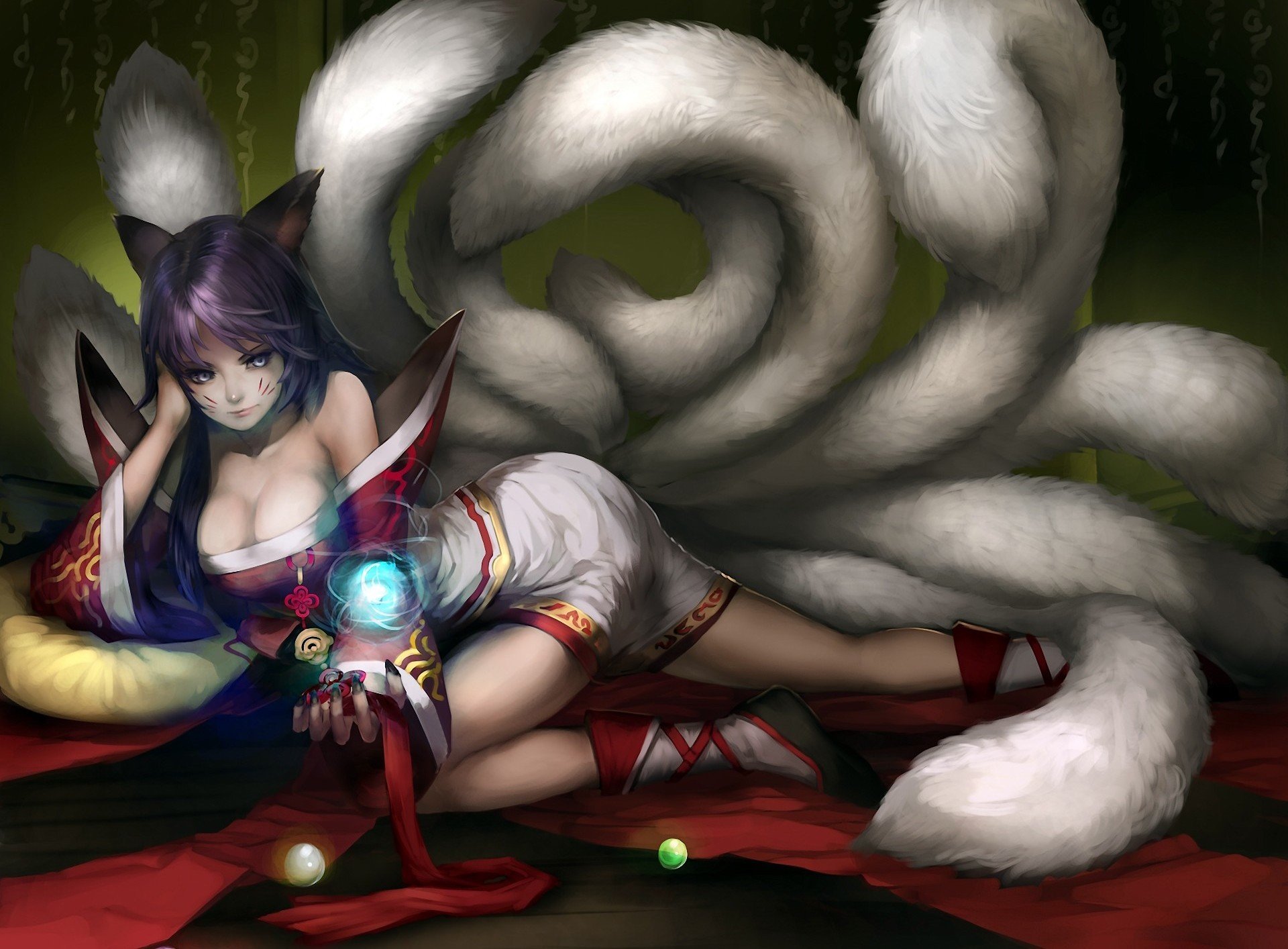 art youshun ligue des légendes ahri fille oreilles queues boules magie rubans