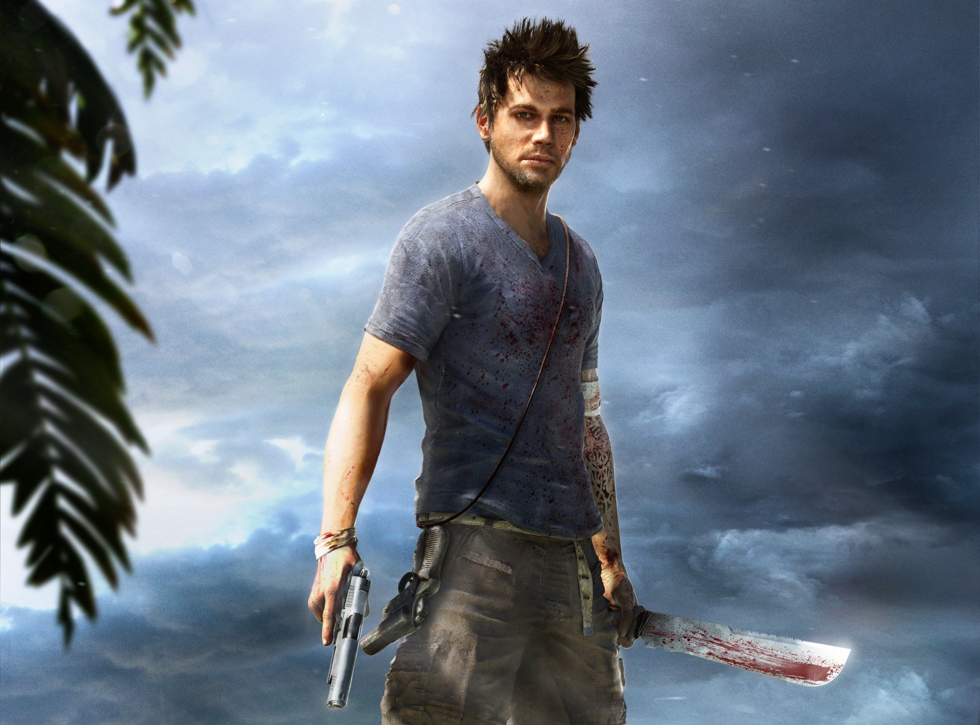 far cry 3 ubisoft jason brody jungle protagoniste arme ciel nuages machette pistolet lance-roquettes tatouage sang neogaf