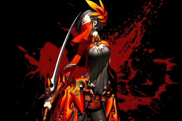 Fille en costume noir et rouge avec une épée