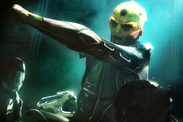 Un humanoïde ressemblant à un lézard, Thane Krios, appelle à attaquer