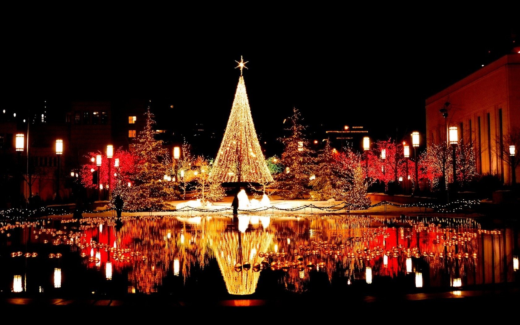 nuit ville place lumières guirlandes eau réflexion