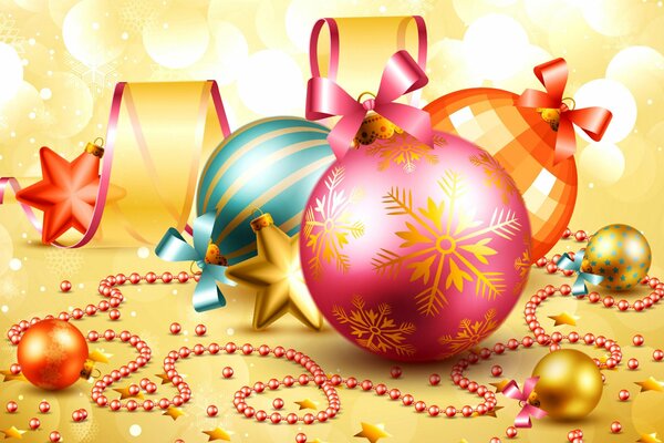 Fond d écran de Noël avec des décorations de Noël-boules. perles et rubans