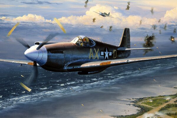 Des avions de chasse américains volent à travers le feu des canons antiaériens