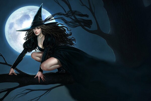 Belle sorcière en noir sur un balai sous la lune