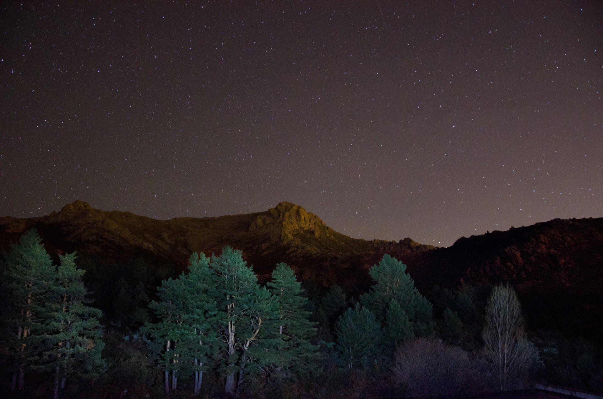 montagnes arbres nuit étoiles
