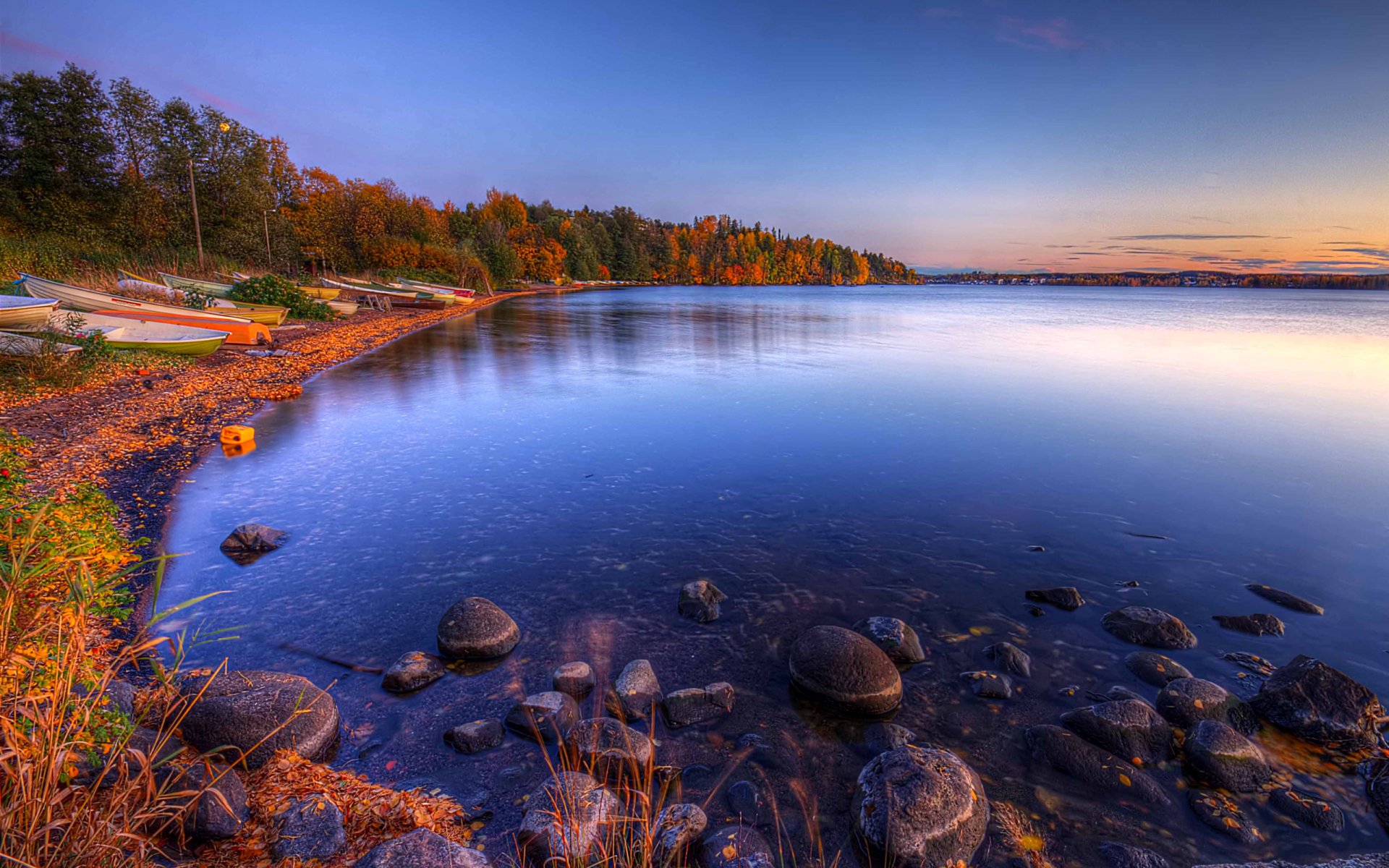nature paysage ciel nuages lac automne bateaux