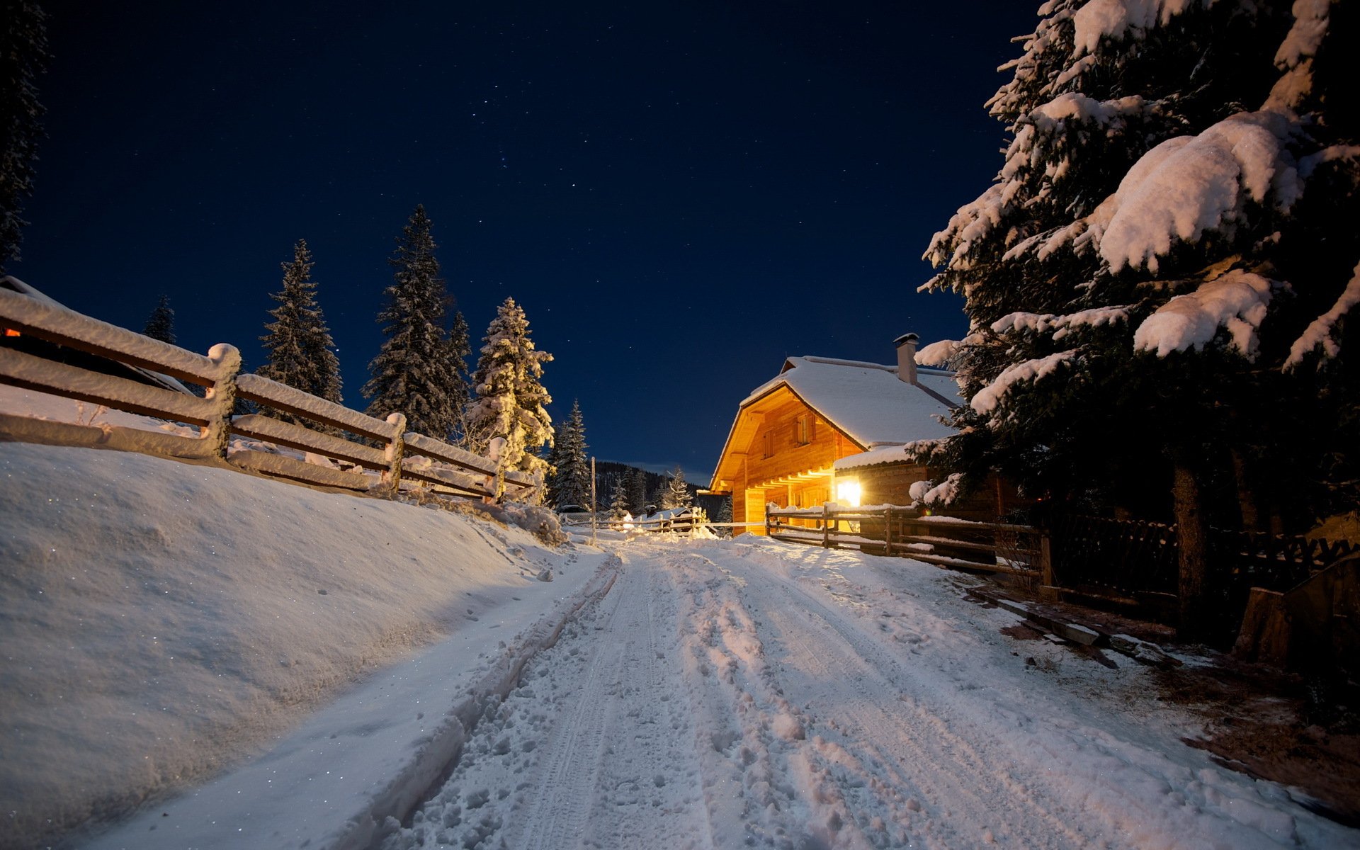 nuit route maison hiver