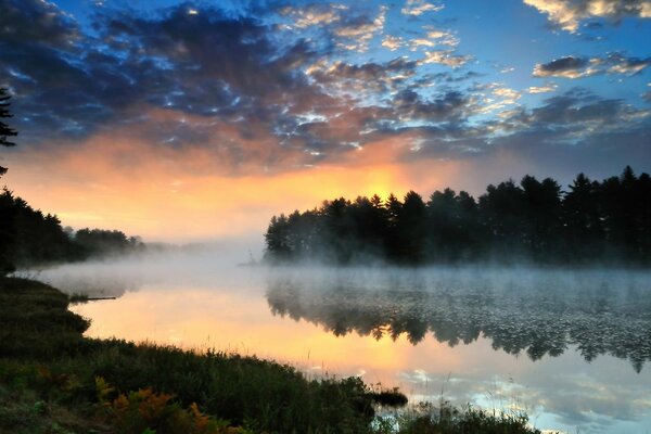 Coucher de soleil derrière la forêt près de la rivière