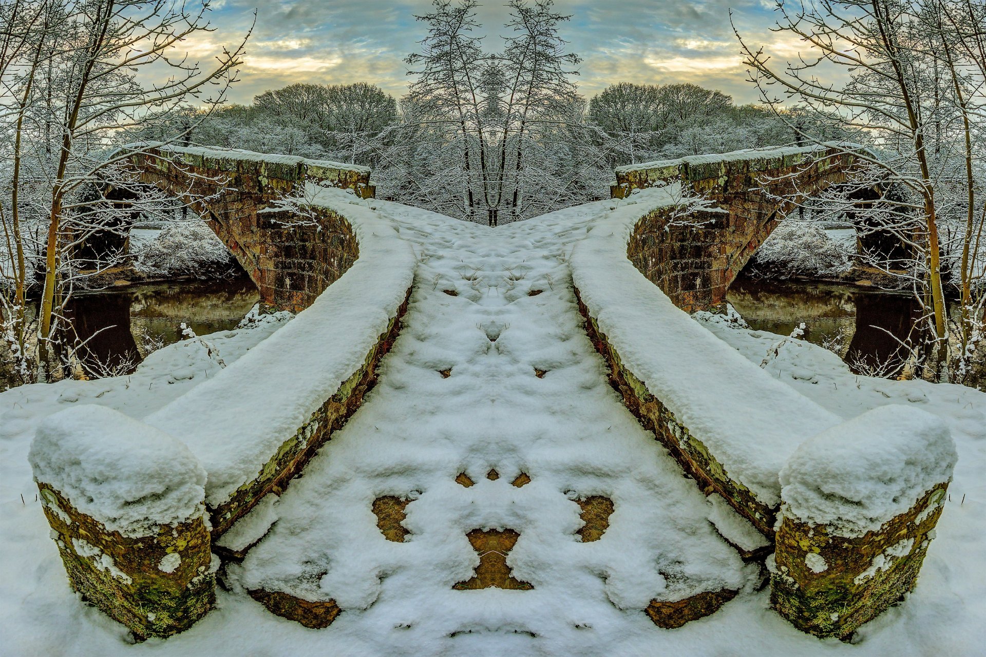 hiver rivière pont de pierre neige arbres givre ciel