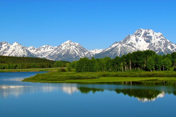 Lac sur fond de forêt et de montagnes